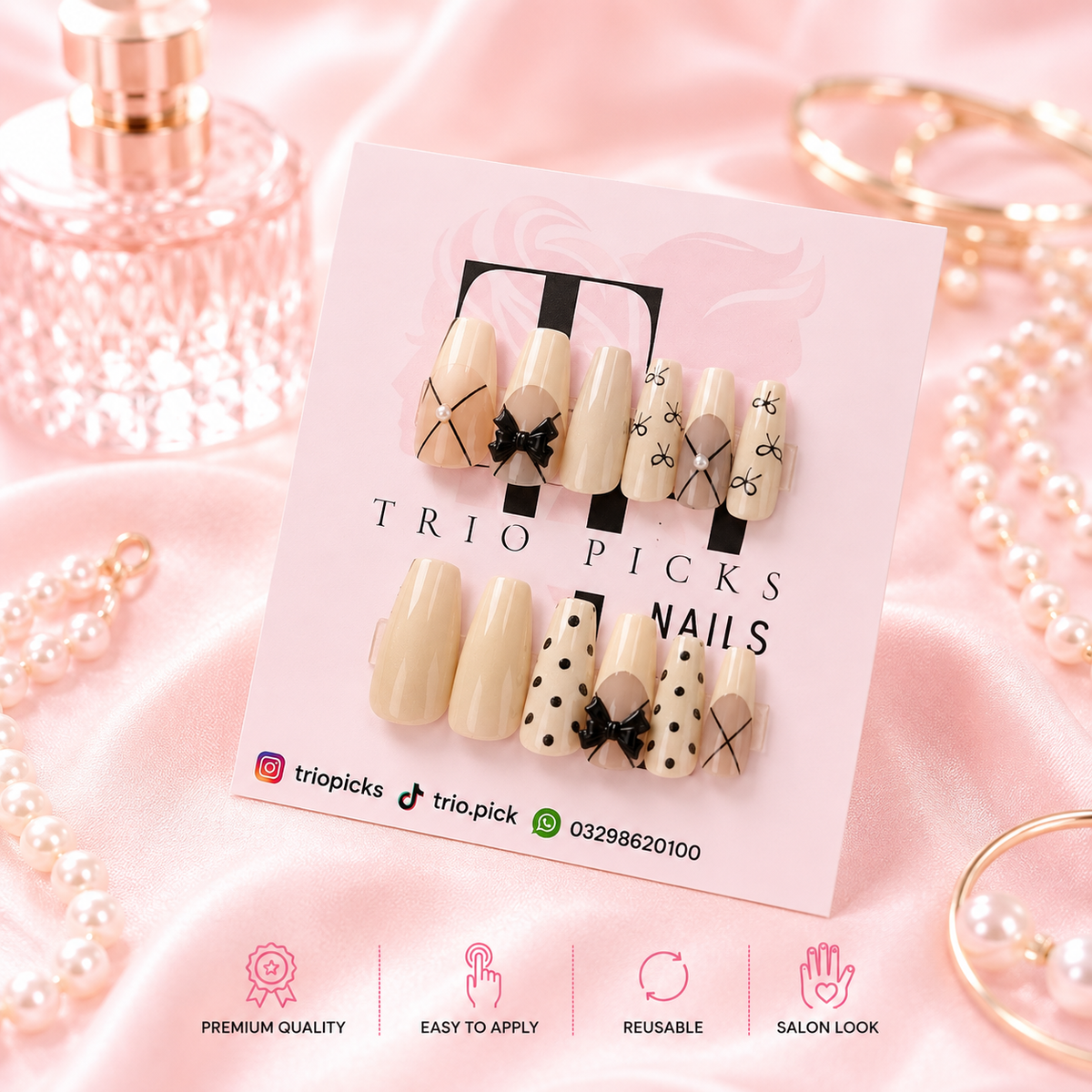 Classic Bow & Pearl Design Nails
