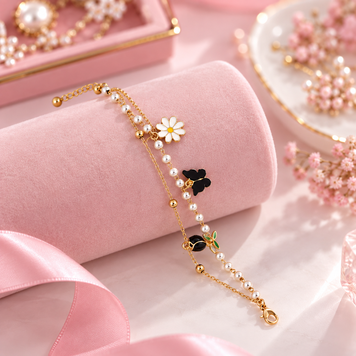 Pearl Daisy Charm Bracelet